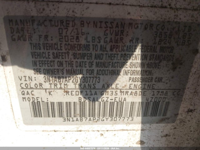 Aukcja sprzedaży 2016 Nissan Sentra Sl, vin: 3N1AB7AP2GY307773, numer aukcji: 44587576