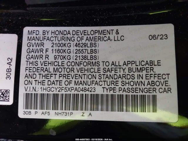 2023 Honda Accord Hybrid Sport მანქანა იყიდება აუქციონზე, vin: 1HGCY2F5XPA048423, აუქციონის ნომერი: 44587583