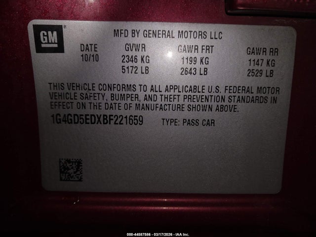 Aukcja sprzedaży 2011 Buick Lacrosse Cxl, vin: 1G4GD5EDXBF221659, numer aukcji: 44587586