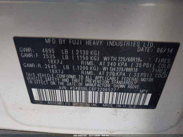 Aukcja sprzedaży 2015 Subaru Outback 2.5i Limited, vin: 4S4BSBLC6F3206527, numer aukcji: 44587587