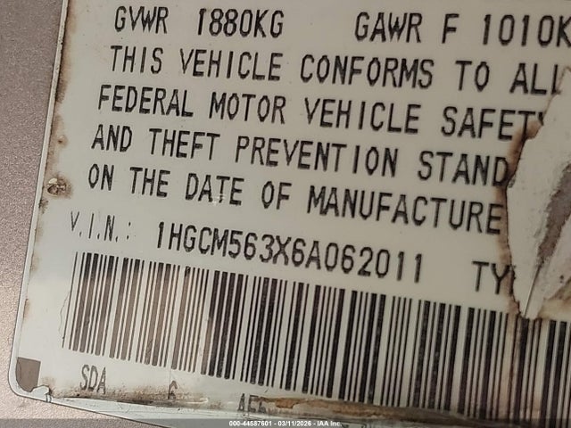 44587601 :رقم المزاد ، 1HGCM563X6A062011 vin ، 2006 Honda Accord 2.4 Se مزاد بيع