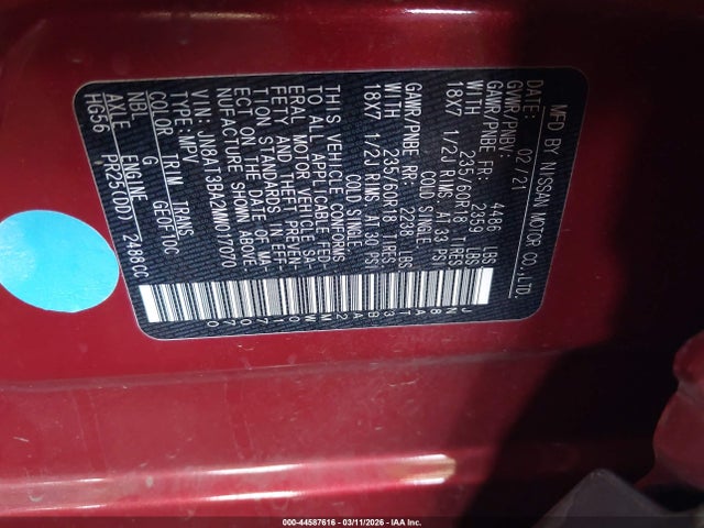 Aukcja sprzedaży 2021 Nissan Rogue Sv Fwd, vin: JN8AT3BA2MW017070, numer aukcji: 44587616