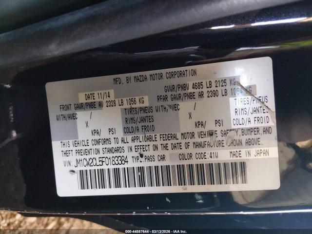 Продажа на аукционе авто 2015 Mazda Mazda5 Touring, vin: JM1CW2CL5F0183384, номер лота: 44587644