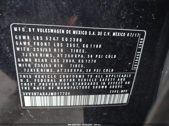 44587663 :رقم المزاد ، 3VV3B7AX4JM017704 vin ، 2018 Volkswagen Tiguan 2.0t Se/2.0t Sel مزاد بيع
