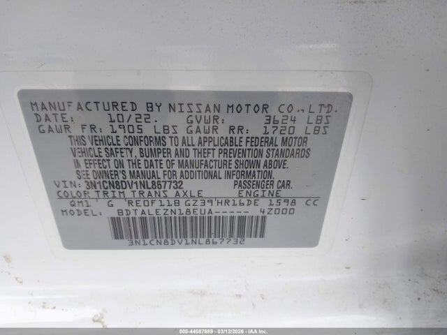 44587689 :رقم المزاد ، 3N1CN8DV1NL867732 vin ، 2022 Nissan Versa 1.6 S Xtronic Cvt مزاد بيع