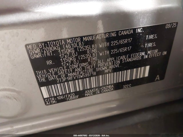 44587692 :رقم المزاد ، 2T3P1RFV1SW599718 vin ، 2025 Toyota Rav4 Xle مزاد بيع