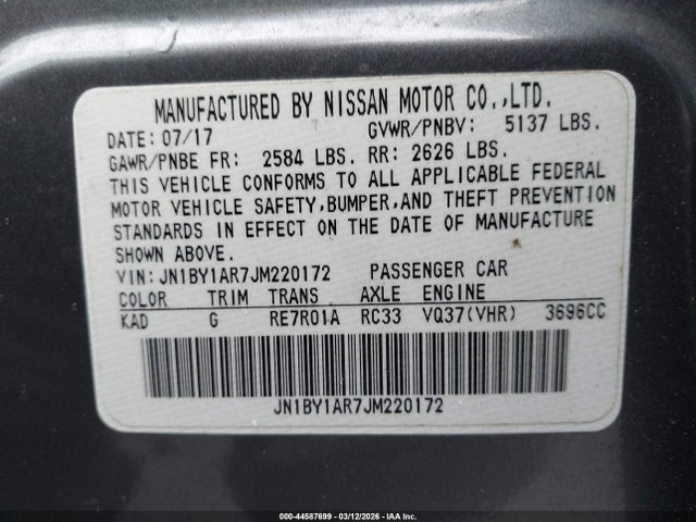 Продаж на аукціоні авто 2018 Infiniti Q70 3.7x Luxe, vin: JN1BY1AR7JM220172, номер лоту: 44587699