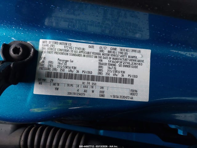 44587712 :رقم المزاد ، 1FADP3F27HL236183 vin ، 2017 Ford Focus Se مزاد بيع