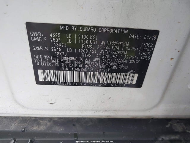 Subaru Outback 2.5i Limited 2019 4S4BSANC2K3291948 Image 9