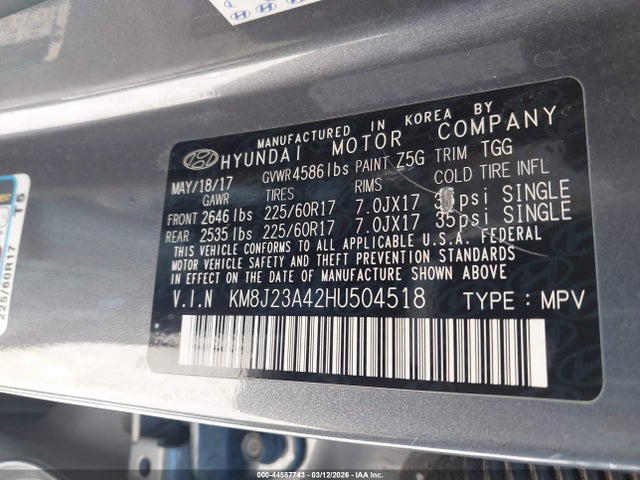 Продажа на аукционе авто 2017 Hyundai Tucson Se, vin: KM8J23A42HU504518, номер лота: 44587743