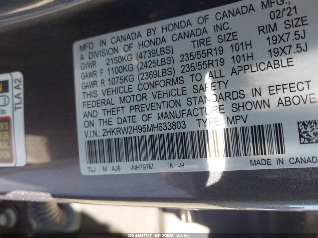 2HKRW2H95MH633803 Honda Cr-v Awd Touring
