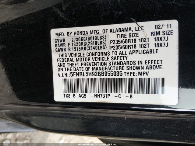 2011 HONDA ODYSSEY 5FNRL5H92BB055035 Photo 8