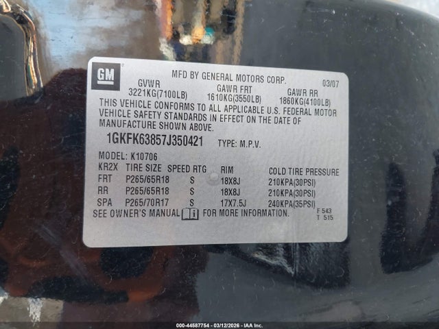 Aukcja sprzedaży 2007 Gmc Yukon Denali, vin: 1GKFK63857J350421, numer aukcji: 44587754
