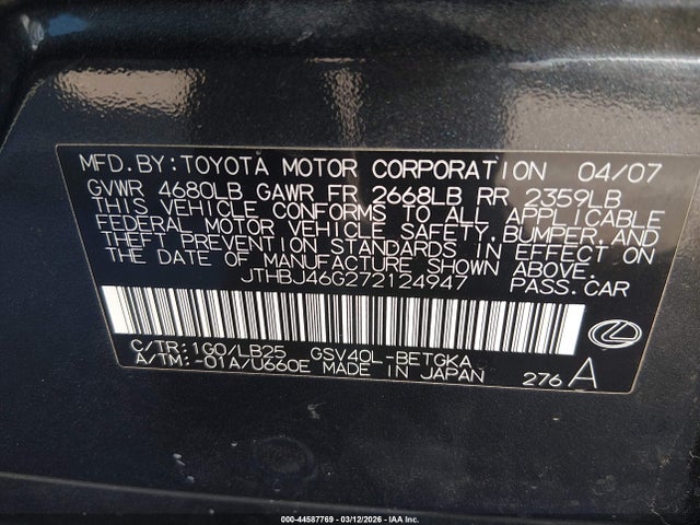 Aukcja sprzedaży 2007 Lexus Es 350, vin: JTHBJ46G272124947, numer aukcji: 44587769