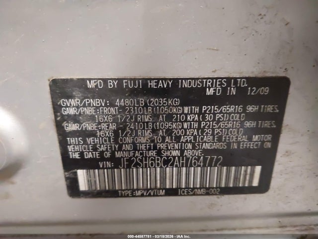 Aukcja sprzedaży 2010 Subaru Forester 2.5x, vin: JF2SH6BC2AH764772, numer aukcji: 44587781