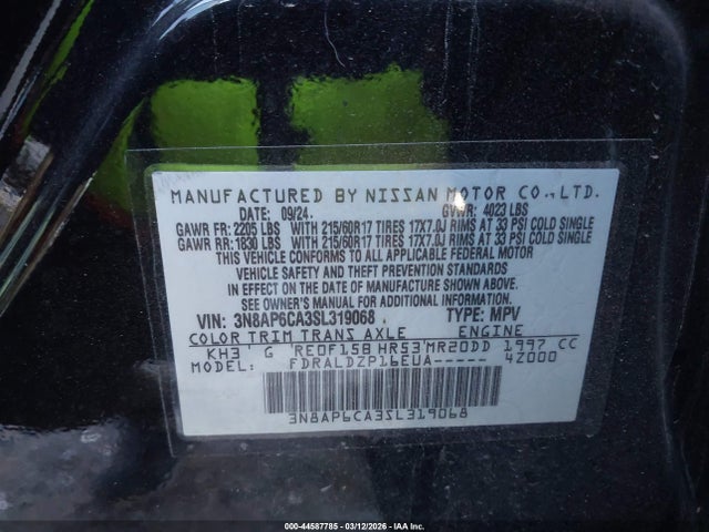 2025 Nissan Kicks Sv Fwd მანქანა იყიდება აუქციონზე, vin: 3N8AP6CA3SL319068, აუქციონის ნომერი: 44587785