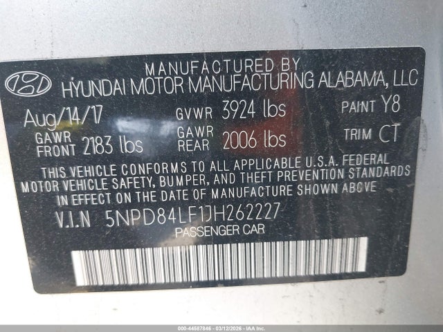5NPD84LF1JH262227 Hyundai ELANTRA SEL
