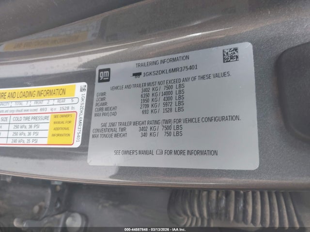 Продаж на аукціоні авто 2021 Gmc Yukon 4wd Denali, vin: 1GKS2DKL6MR375401, номер лоту: 44587848