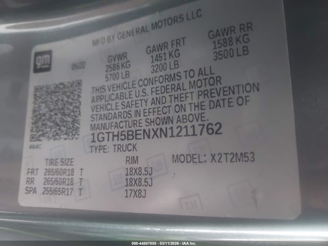 44587855 :رقم المزاد ، 1GTH5BENXN1211762 vin ، 2022 Gmc Canyon 2wd  Elevation Standard مزاد بيع