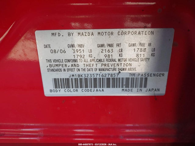 Продаж на аукціоні авто 2007 Mazda Mazda3, vin: JM1BK323571627857, номер лоту: 44587873