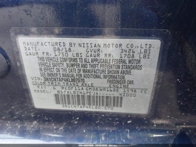 Aukcja sprzedaży 2019 Nissan Versa 1.6 Sv, vin: 3N1CN7AP4KL807570, numer aukcji: 44587909