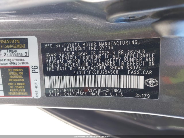 Aukcja sprzedaży 2017 Toyota Camry Le, vin: 4T1BF1FK0HU294568, numer aukcji: 44587919
