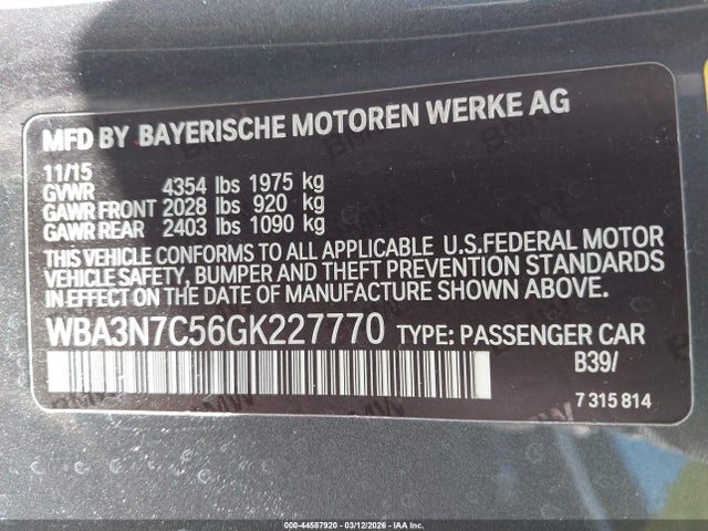 44587920 :رقم المزاد ، WBA3N7C56GK227770 vin ، 2016 Bmw 428i مزاد بيع
