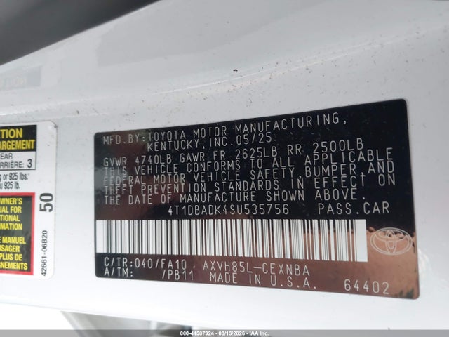 44587924 :رقم المزاد ، 4T1DBADK4SU535756 vin ، 2025 Toyota Camry Le مزاد بيع