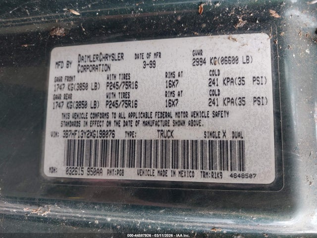 Aukcja sprzedaży 1999 Dodge Ram 1500 St, vin: 3B7HF13Y2XG198076, numer aukcji: 44587926