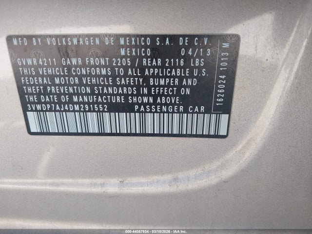 Продаж на аукціоні авто 2013 Volkswagen Jetta 2.5l Se, vin: 3VWDP7AJ4DM291552, номер лоту: 44587934