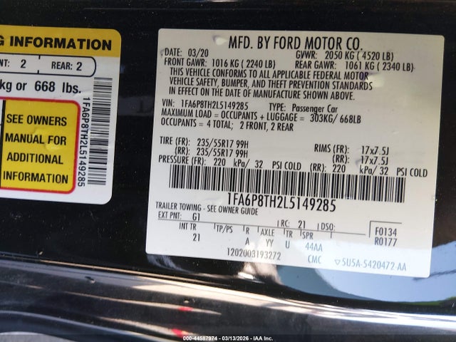 Продажа на аукционе авто 2020 Ford Mustang Ecoboost Fastback, vin: 1FA6P8TH2L5149285, номер лота: 44587974