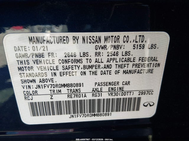 Aukcja sprzedaży 2021 Infiniti Q50 Red Sport 400 Awd, vin: JN1FV7DR0MM880891, numer aukcji: 44587987