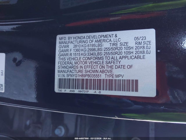 5FNYG1H89PB035551 Honda Pilot Awd Elite