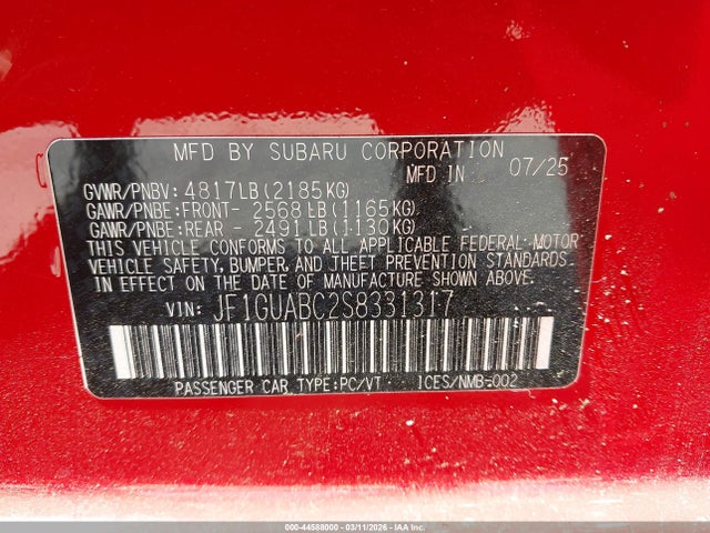 Aukcja sprzedaży 2025 Subaru Impreza Base 5-door, vin: JF1GUABC2S8331317, numer aukcji: 44588000