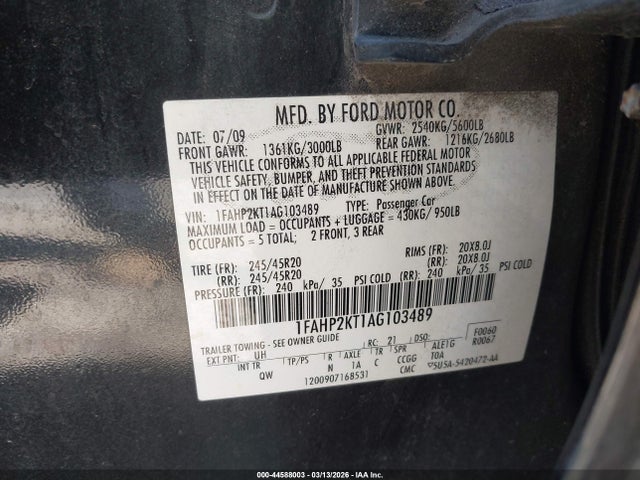 Aukcja sprzedaży 2010 Ford Taurus Sho, vin: 1FAHP2KT1AG103489, numer aukcji: 44588003