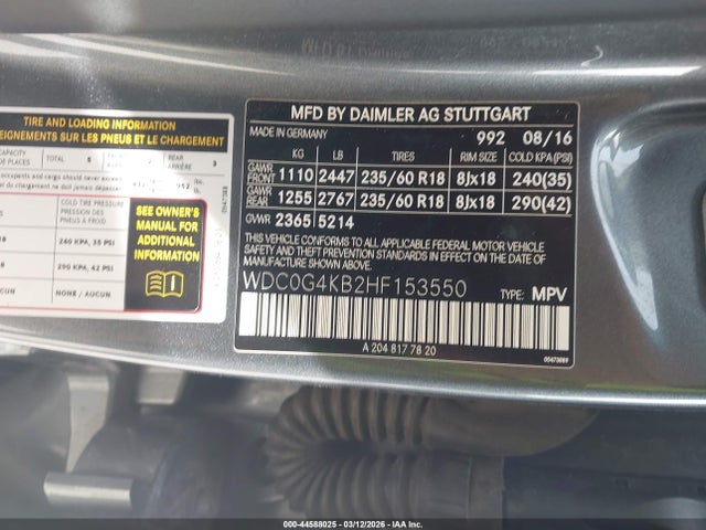44588025 :رقم المزاد ، WDC0G4KB2HF153550 vin ، 2017 Mercedes-benz Glc 300 4matic مزاد بيع