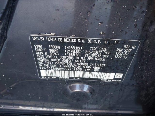 Aukcja sprzedaży 2016 Honda Hr-v Ex, vin: 3CZRU6H50GM762955, numer aukcji: 44588030