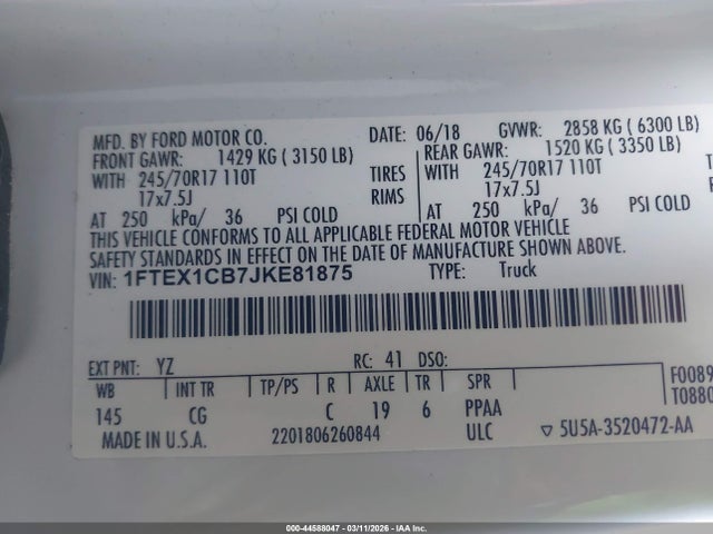 Продаж на аукціоні авто 2018 Ford F-150 Xl, vin: 1FTEX1CB7JKE81875, номер лоту: 44588047
