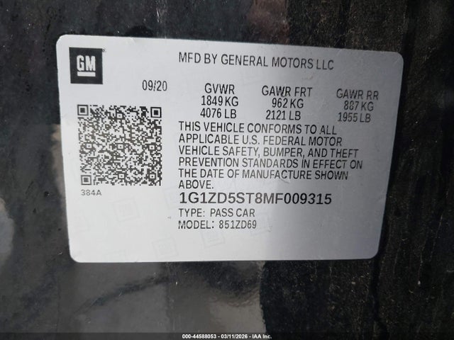 2021 Chevrolet Malibu Fwd Lt მანქანა იყიდება აუქციონზე, vin: 1G1ZD5ST8MF009315, აუქციონის ნომერი: 44588053