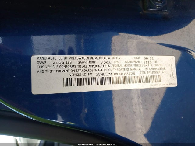 2011 Volkswagen Jetta 2.0l Tdi მანქანა იყიდება აუქციონზე, vin: 3VWLL7AJXBM123726, აუქციონის ნომერი: 44588069