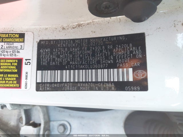 2020 Toyota Camry Le მანქანა იყიდება აუქციონზე, vin: 4T1C11AK0LU360877, აუქციონის ნომერი: 44588083