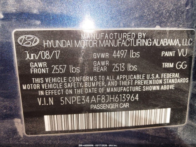 44588086 :رقم المزاد ، 5NPE34AF8JH613964 vin ، 2018 Hyundai Sonata Sel مزاد بيع