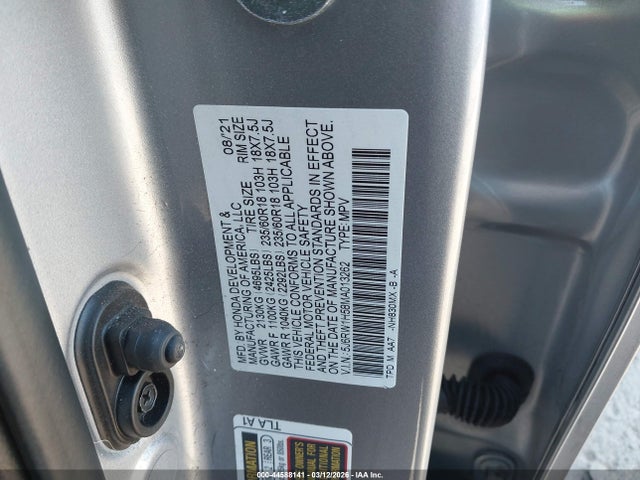 44588141 :رقم المزاد ، 5J6RW1H58MA013262 vin ، 2021 Honda Cr-v 2wd Ex مزاد بيع