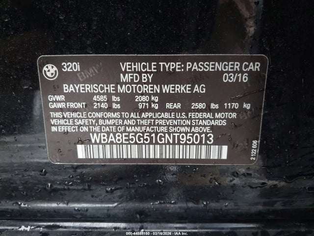 Продаж на аукціоні авто 2016 Bmw 320i Xdrive, vin: WBA8E5G51GNT95013, номер лоту: 44588150