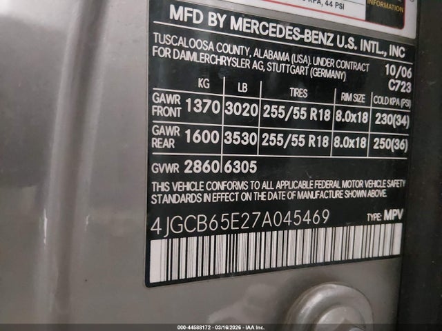 44588172 :رقم المزاد ، 4JGCB65E27A045469 vin ، 2007 Mercedes-benz R 350 4matic مزاد بيع