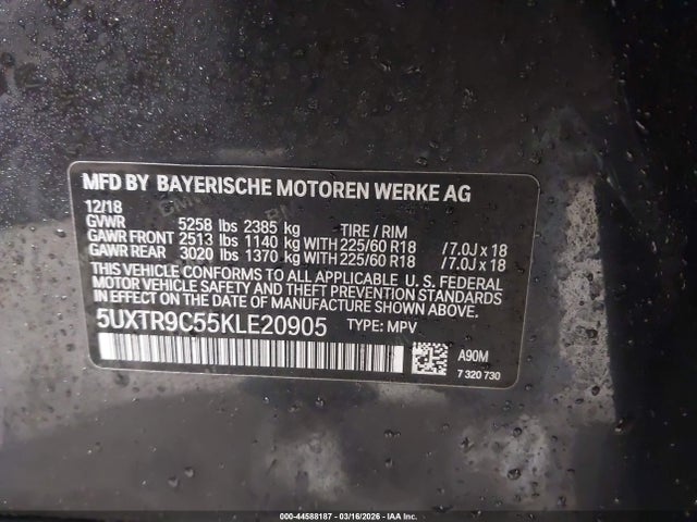 44588187 :رقم المزاد ، 5UXTR9C55KLE20905 vin ، 2019 Bmw X3 Xdrive30i مزاد بيع