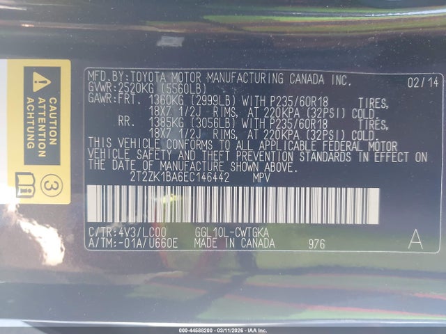 44588200 :رقم المزاد ، 2T2ZK1BA6EC146442 vin ، 2014 Lexus Rx 350 مزاد بيع