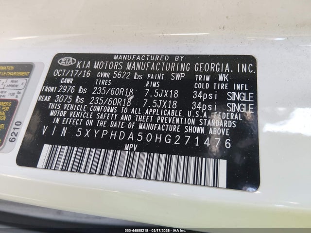 5XYPHDA50HG271476 KIA Sorento 3.3l Ex