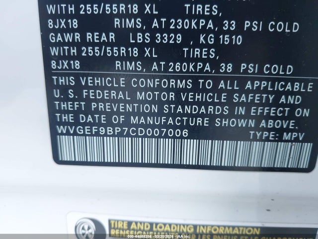 44588256 :رقم المزاد ، WVGEF9BP7CD007006 vin ، 2012 Volkswagen Touareg Vr6 Sport مزاد بيع