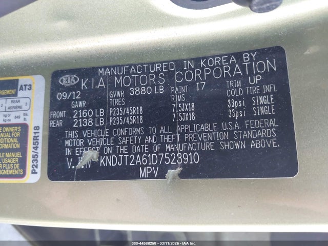 44588258 :رقم المزاد ، KNDJT2A61D7523910 vin ، 2013 Kia Soul ! مزاد بيع